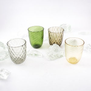 Set of 4 Goti de Fornase glasses handmade with Murano glass with various smoky, green and amber textures, traditional Venetian Tumblers