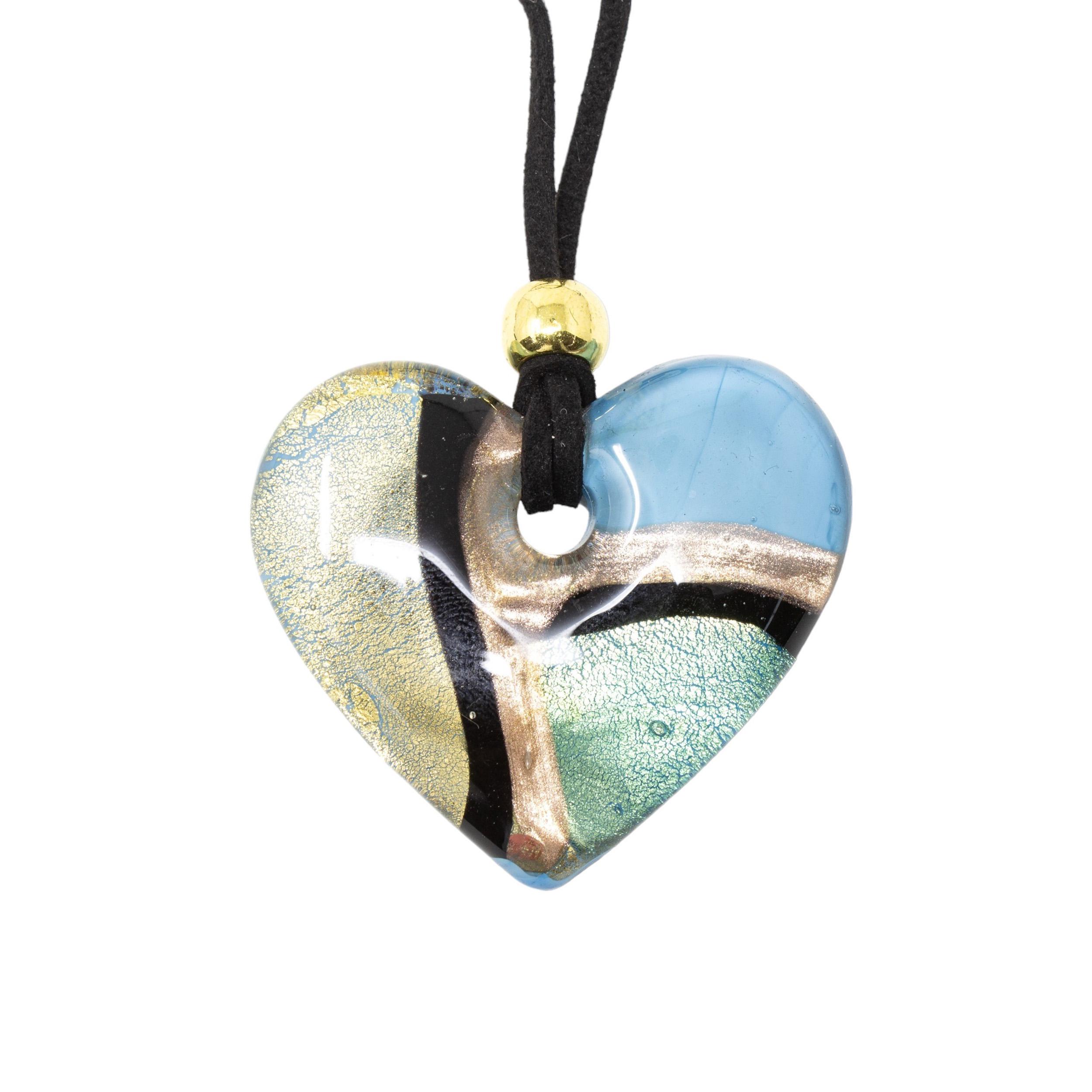 Choker Necklace with Heart-Shaped Pendant in Blue Murano Glass & Gold Leaf - Handmade by Muma