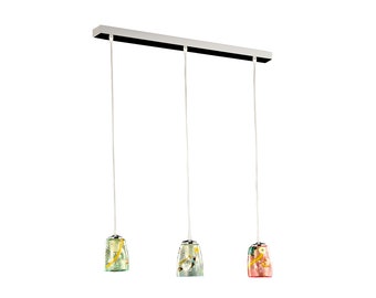 Pendant Lamp with 3 lights in artistic Murano glass with millefiori murrine and chrome structure. Made in Italy product