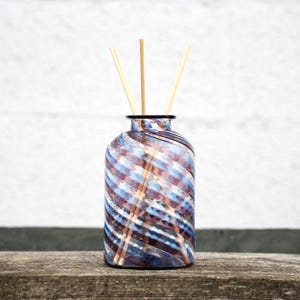 Cylindrical Air freshener / Jar Murano glass vase decorated with filigree blue and purple spiral. Made in Italy product by Muma.