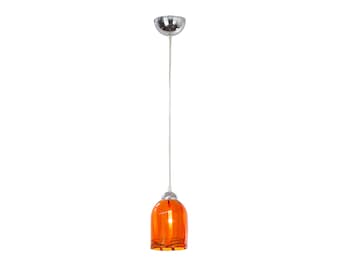 May include: A modern orange glass pendant light with a chrome finish.