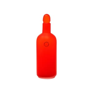 May include: A vibrant red bottle with a matching stopper. The bottle has a rounded body and a long neck, with a small circular logo. The design is simple and modern, suitable for decorative purposes.