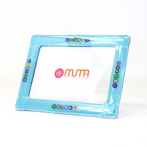 Photo frame original Murano glass in light blue, decorated with millefiori murrine and hand-worked, Made in Italy by Muma Venezia