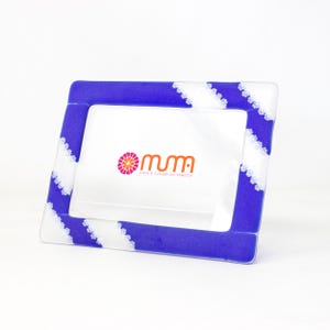 Photo frame original blue and transparent satin Murano glass, decorated with white flower murrine, handcrafted, Made in Italy by Muma