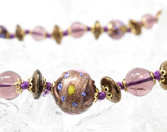 Unique Piece! Vintage Murano glass necklace with handmade amethyst colored beads, decorated with aventurine and pink flowers