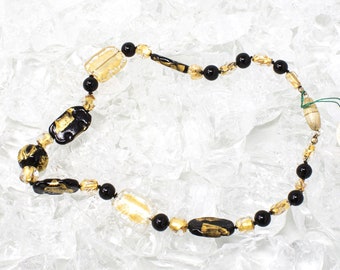 Unique Piece! Vintage Murano glass necklace with handmade black beads, decorated with golden leaf, 80s Made in Italy