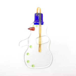 Murano Christmas glass pendant in the shape of a snowman in transparent color with colored decorations. Handmade, made in Italy by Muma