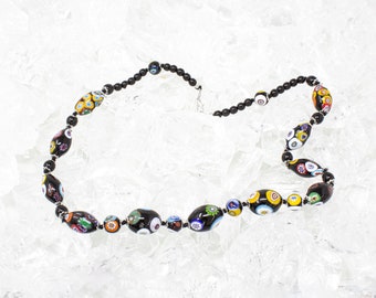 Single piece! Vintage Murano glass necklace with handmade black beads, decorated with multicolored murrine, Made in Italy