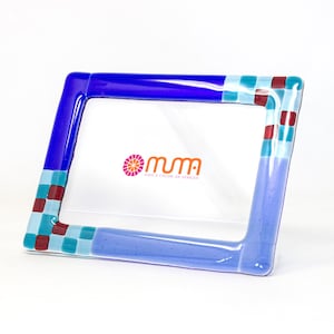 Photo frame original Murano glass with two shades of blue and multicolored mosaic tiles, handcrafted, in Italy by Muma Venice