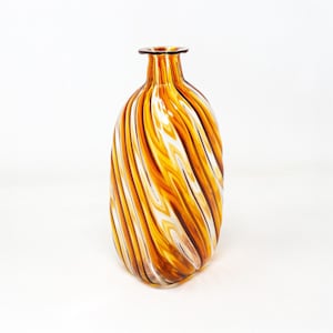 Triangular shaped Murano glass vase decorated with filigreember spiral. Made in Italy Muma product.