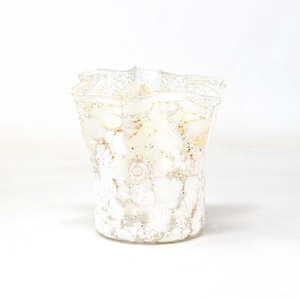 Fazzoletto vase created by hand in white Murano glass decorated with pink flower murrine and silver. Made in Italy product by Muma Venezia