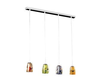 Flush Lamp with 4 pendant lights in original Murano glass with colored murrine and chrome structure. Made in Italy product