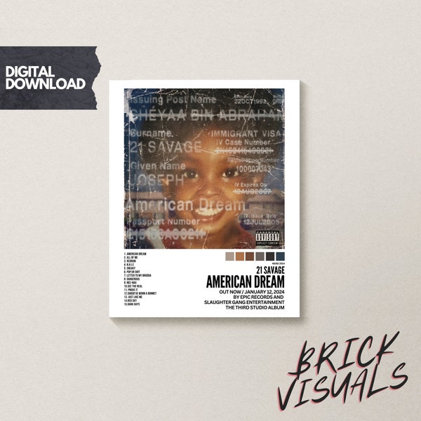 21 Savage "American Dream" albumhoes poster/tracklist/muurkunst/woondecoratie