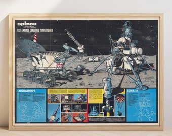 Spaceship poster,  Soviet Union robotic Lunar rovers landing on the moon, Infographic poster, Digital print