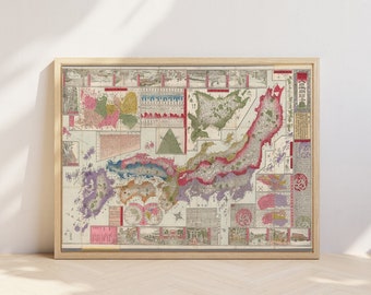 印刷可能な日本地図、1950年代の魅力的な地図、工芸品、デジタル