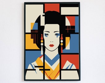 Geisha Wall art | Japanese Gift | Piet Mondrian Posters | Printable poster