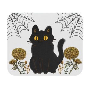 Spooky Black Cat Botanical Mushroom Mouse Pad