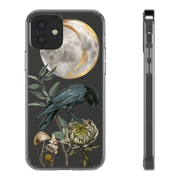 Crow Full Moon Botanical Mushroom Clear Case for iphone or galaxy, Raven Phone Case, Midnight Hour, Nevermore Clear Case