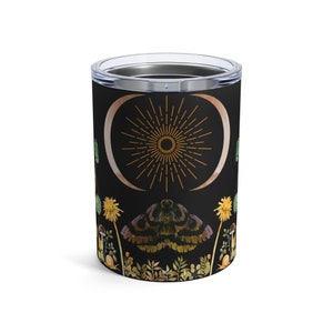 Moon Moth Crow Mushroom Botanical 10oz Black Tumbler | CottageCore Tumbler
