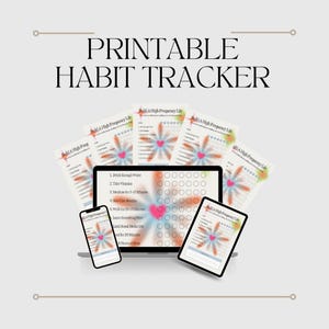 Könnte beinhalten: Ein digitaler Gewohnheitstracker mit dem Text "PRINTABLE HABIT TRACKER", der auf einem Laptop, Tablet und Smartphone angezeigt wird. Der Tracker enthält eine Liste von Gewohnheiten und eine Fortschrittstabelle. Zusätzliche gedruckte Gewohnheitstracker sind ebenfalls sichtbar.