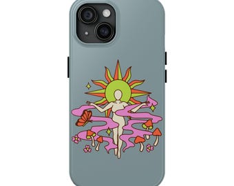 May include: A light blue phone case featuring a colorful illustration. The design includes a sun, a figure with outstretched arms, a butterfly, mushrooms, and flowers. The artwork has a retro, psychedelic vibe.