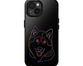 Schwarz Neon Minimalist Hund Handyhülle | Niedlicher Digitaler Hund Design | Welpe Line Art | Geschenke für Welpen-Besitzer | Husky Mama