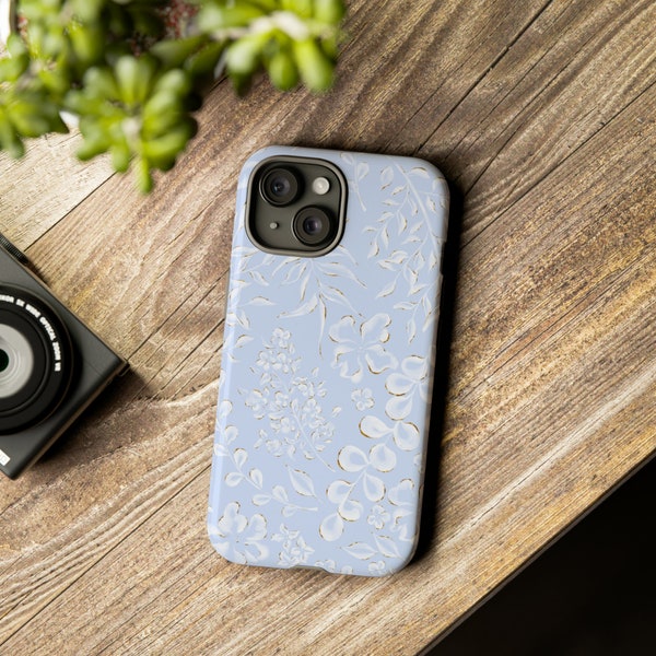 Light Blue and Cream Soft Floral Phone Case - iPhone, 2024 Phone Case, Preppy, Minimalist, Trending Custom Personalized, Vintage Design