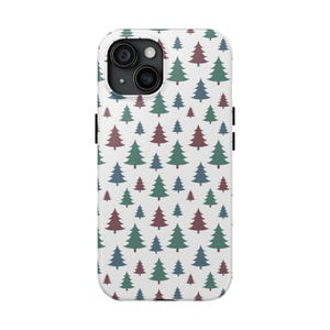 May include: A white phone case with a repeating pattern of stylised Christmas trees in shades of green, burgundy, and blue. The trees vary in size and are evenly spaced across the case's surface.