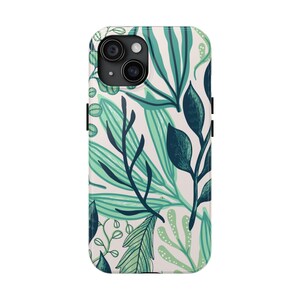 Blue Teal Green Tropical Leaf Phone Case | Cool Toned Botanical Design | Slim & Durable for iPhone 13 14 15 | Gift for Her