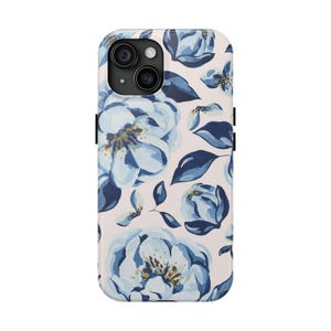 Soft and Elegant Light Blue Navy and White Floral Phone Case| Modern Botanical Design | Slim Durable Cover for iPhone 13 14 15