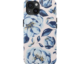 Soft and Elegant Light Blue Navy and White Floral Phone Case| Modern Botanical Design | Slim Durable Cover for iPhone 13 14 15