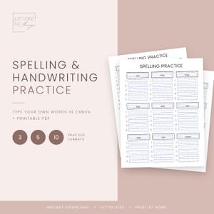 May include: A spelling and handwriting practice worksheet set featuring the text "SPELLING & HANDWRITING PRACTICE" and "JUST DOING THE THINGS". The pages include numbered lists with blank lines for writing words, with three circular icons labeled 3, 5, and 10.