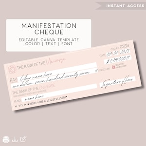 Plantilla de cheque de manifestación: plantilla editable de Canva para visualización y tableros de visión