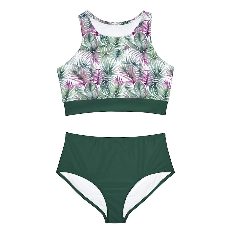 Palm Leaf Sporty Bikini Set, Swimwear, Modest Swimsuit, Swim Top, Women