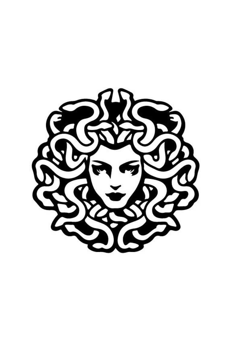 May include: A black and white illustration of Medusa's face. The image features a woman's face with a stern expression, surrounded by a mass of coiling snakes. The snakes are white, and the background is white.
