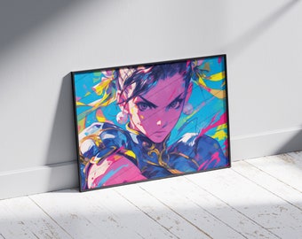 Spirited Fighter's Gaze Fine Art Print - Dynamic Martial Artist Portrait, Iconic Blue Dress & Ox Horns, Anime Video Game Wall Art Decor