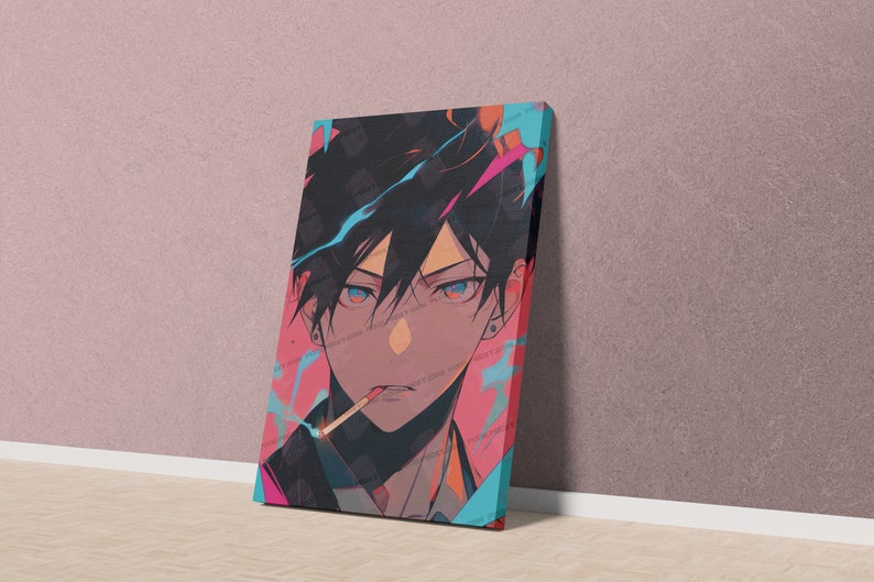 Devil Hunter Anime Fine Art Print Intense Gaze, Dynamic Urban Warrior Rebel Character, Modern Manga-Inspired Wall Decor, Vaporwave Styled 1.25" Canvas Gallery