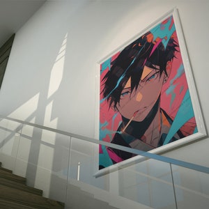 Devil Hunter Anime Fine Art Print Intense Gaze, Dynamic Urban Warrior Rebel Character, Modern Manga-Inspired Wall Decor, Vaporwave Styled image 5