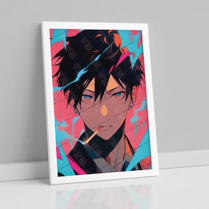 Devil Hunter Anime Fine Art Print Intense Gaze, Dynamic Urban Warrior Rebel Character, Modern Manga-Inspired Wall Decor, Vaporwave Styled image 1