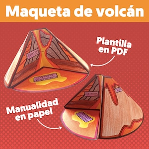 Op de afbeelding: Een papieren model van een vulkaan met een uitsnede die de interne structuur laat zien. Het model is gelabeld met de Spaanse woorden "Chimenea" (schoorsteen) en "Camara magmatica" (magmakamer). De tekst "Plantilla en PDF" (Sjabloon in PDF) staat in een witte cirkel met een zwarte rand. De tekst "Manualidad en papel" (Papier knutselen) staat in een witte cirkel met een zwarte rand.
