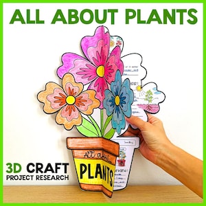 Puede incluir: Un colorido proyecto de manualidades 3D titulado "All About Plants". La manualidad en papel presenta un ramo de flores en una maceta, con las palabras "Plants" y "Project Research" visibles. Las flores son rosas, naranjas y azules con centros amarillos.