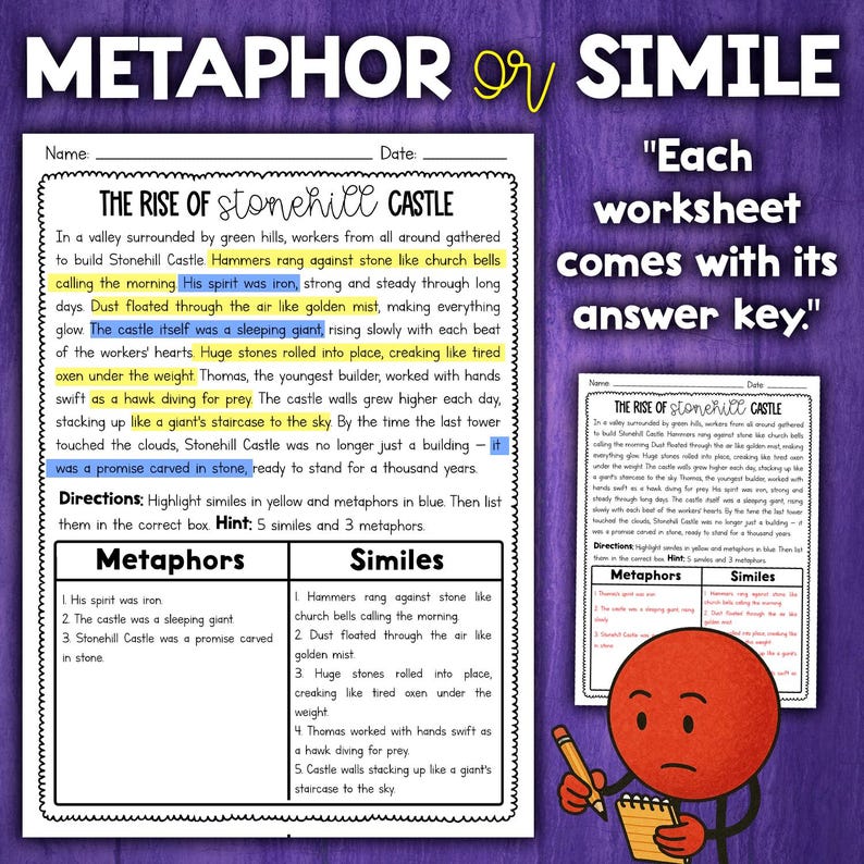 Similes and Metaphors Activity Worksheets | Figurative Language Reading ...