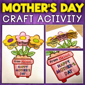 Puede incluir: Una actividad artesanal para el Día de la Madre con una maceta y flores. Las flores están hechas de papel y tienen mensajes escritos en ellas. La maceta es roja y tiene las palabras "Feliz Día de la Madre" escritas en ella. La maceta también tiene las palabras "De parte de Michael" escritas en ella.
