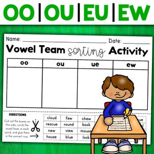 Puede incluir: Una hoja de trabajo imprimible para ordenar palabras por equipos de vocales. La hoja de trabajo tiene cuatro columnas etiquetadas "oo", "ou", "ue" y "ew". Hay 12 palabras enumeradas debajo de las columnas: cloud, rescue, new, house, few, round, blue, chew, book, view, mouse y look.
