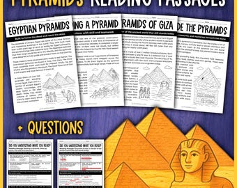 May include: Black and white illustrations of pyramids with reading passages about the history of the pyramids of Giza in Egypt. The text includes information about the construction of the pyramids, the pharaohs, and the treasures found inside. The illustrations include a pyramid, a sphinx, and a tomb.