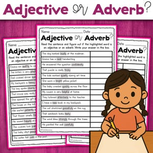 Könnte beinhalten: Lehrblatt mit dem Titel "Adjektiv oder Adverb?" mit Beispielsätzen. Das Arbeitsblatt zeigt eine Cartoon-Illustration eines schreibenden Mädchens. Der Text enthält Lückentexte zur Identifizierung von Adjektiven und Adverbien. Der Hintergrund ist rosa.