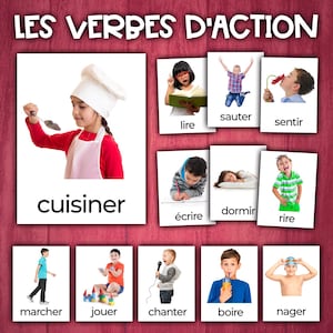 Puede incluir: Tarjetas educativas con el título "LES VERBES D'ACTION". Las tarjetas muestran a niños realizando diversas acciones, como cocinar, leer, saltar y cantar. Cada tarjeta tiene un verbo francés correspondiente, como 'cuisiner' y 'lire'.