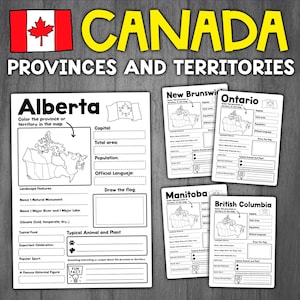 Op de afbeelding: Zwart-witte printbare werkblaadjes om te leren over de provincies en gebieden van Canada. De werkblaadjes bevatten een kaart van Canada, een ruimte om de vlag te tekenen en vragen over de hoofdstad, het totale oppervlak, de bevolking, de officiële taal, landschapskenmerken, typisch voedsel, typisch dier en plant, populaire sport en een beroemde historische figuur.