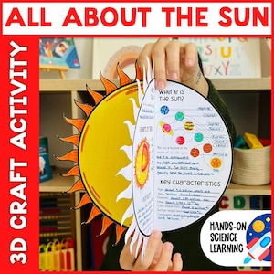 Puede incluir: Una actividad de manualidades 3D titulada "All About The Sun" con un recorte de sol amarillo y naranja. El folleto abierto muestra el sistema solar y las características clave del sol. También se ve el texto "Hands-On Science Learning".
