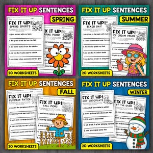 Puede incluir: Cuatro hojas de trabajo coloridas para la corrección de oraciones, cada una con un tema de temporada: Primavera, Verano, Otoño e Invierno. Cada hoja de trabajo presenta ilustraciones y el título "Fix It Up! Sentences".